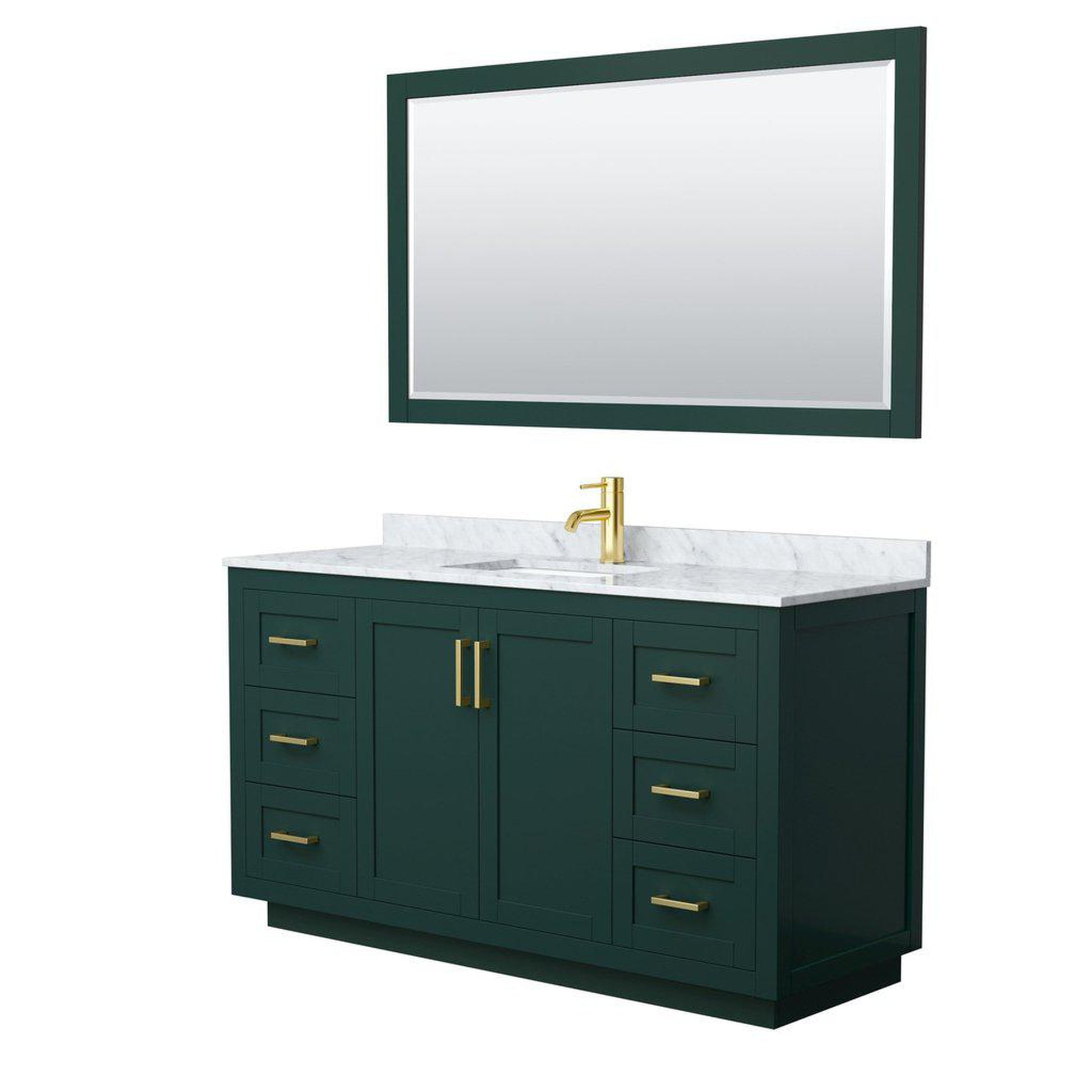 Wyndham Collection Miranda 60" Single Bathroom Green Vanity Set With White Carrara Marble Countertop, Undermount Square Sink, 58" Mirror And Brushed Gold Trim