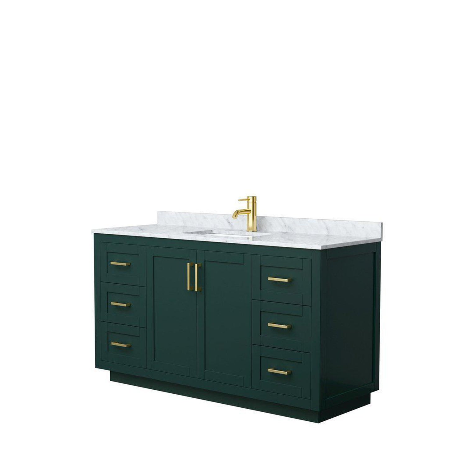 Wyndham Collection Miranda 60" Single Bathroom Green Vanity Set With White Carrara Marble Countertop, Undermount Square Sink, And Brushed Gold Trim