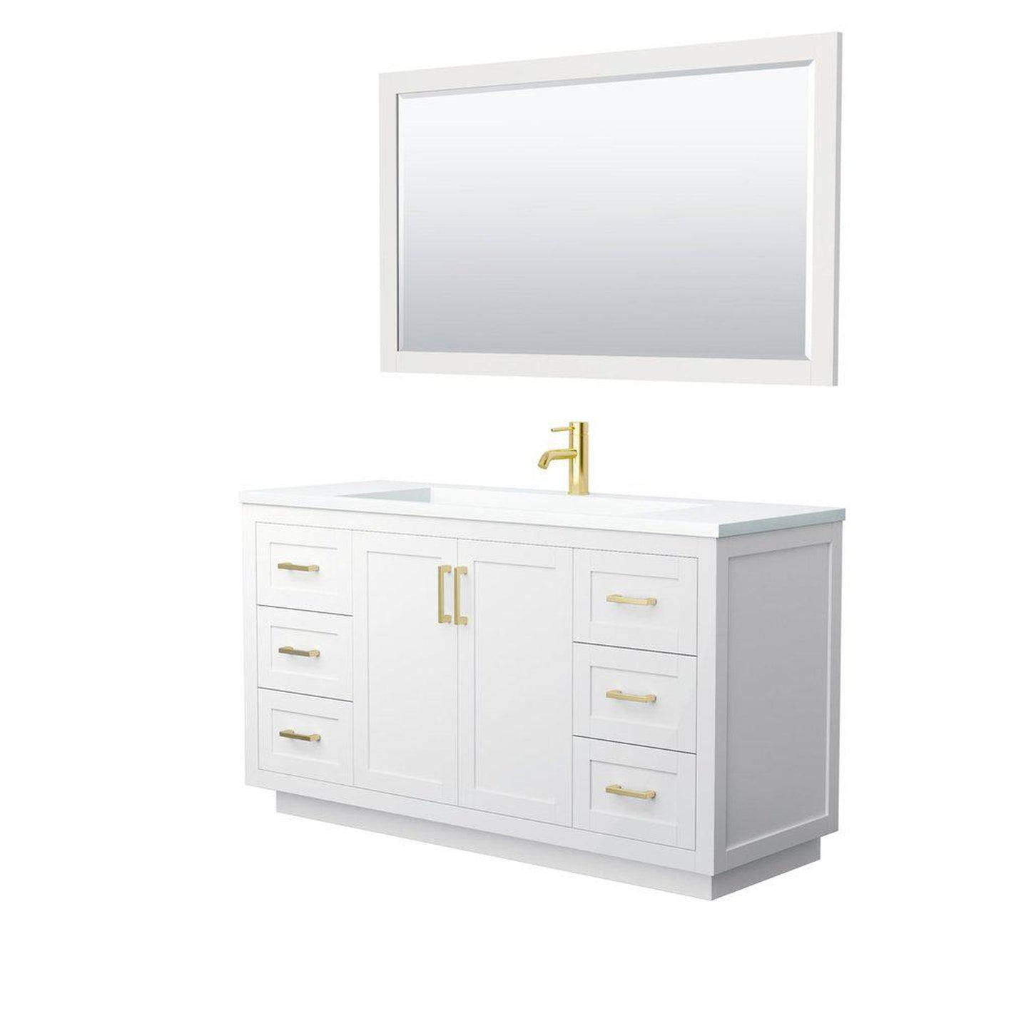 Wyndham Collection Miranda 60" Single Bathroom White Vanity Set With 1.25" Thick Matte White Solid Surface Countertop, Integrated Sink, 58" Mirror And Brushed Gold Trim