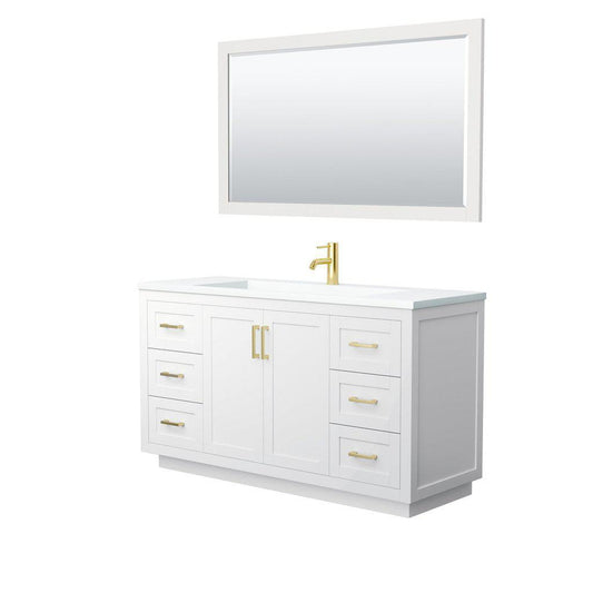 Wyndham Collection Miranda 60" Single Bathroom White Vanity Set With 1.25" Thick Matte White Solid Surface Countertop, Integrated Sink, 58" Mirror And Brushed Gold Trim