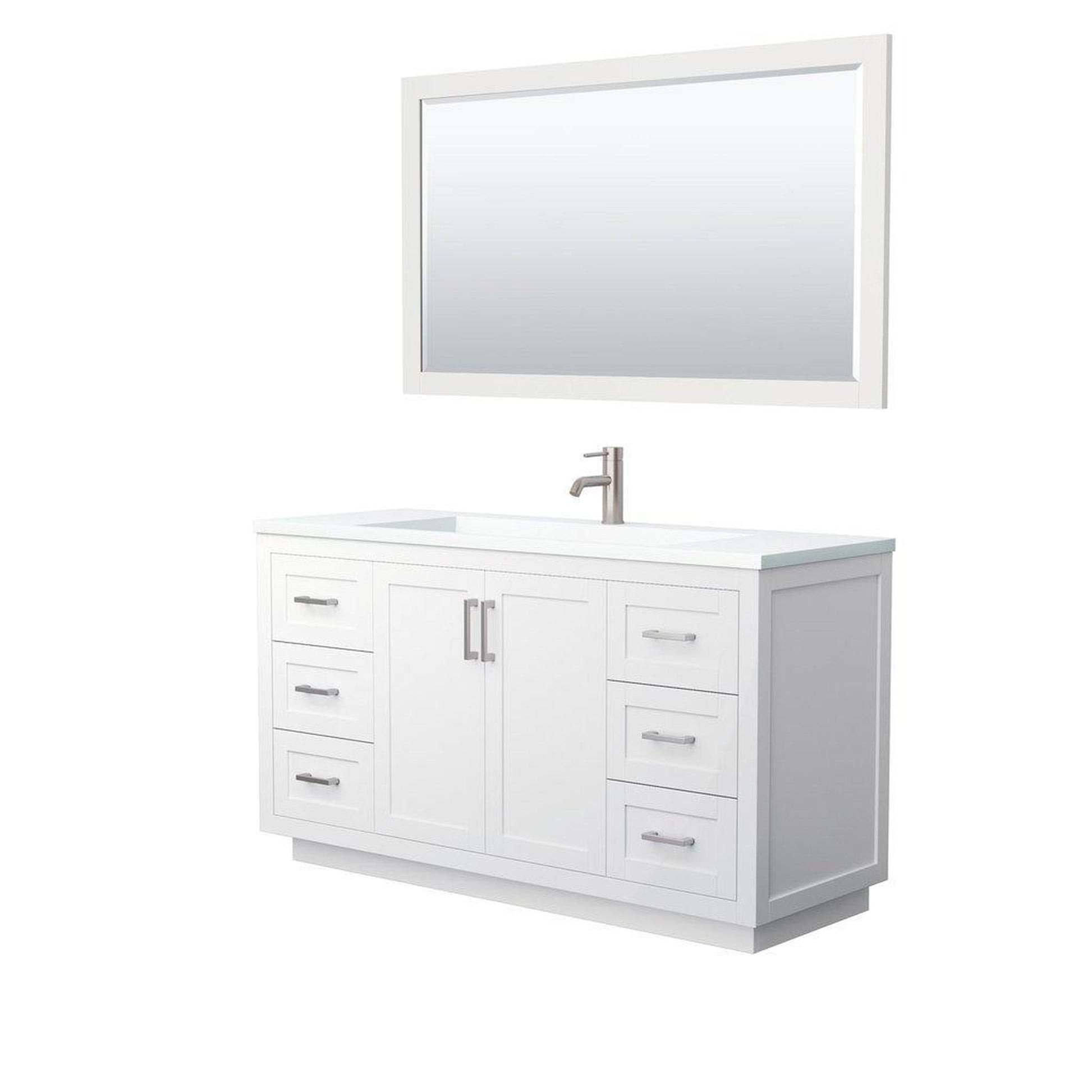 Wyndham Collection Miranda 60" Single Bathroom White Vanity Set With 1.25" Thick Matte White Solid Surface Countertop, Integrated Sink, 58" Mirror And Brushed Nickel Trim