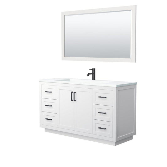 Wyndham Collection Miranda 60" Single Bathroom White Vanity Set With 1.25" Thick Matte White Solid Surface Countertop, Integrated Sink, 58" Mirror And Matte Black Trim