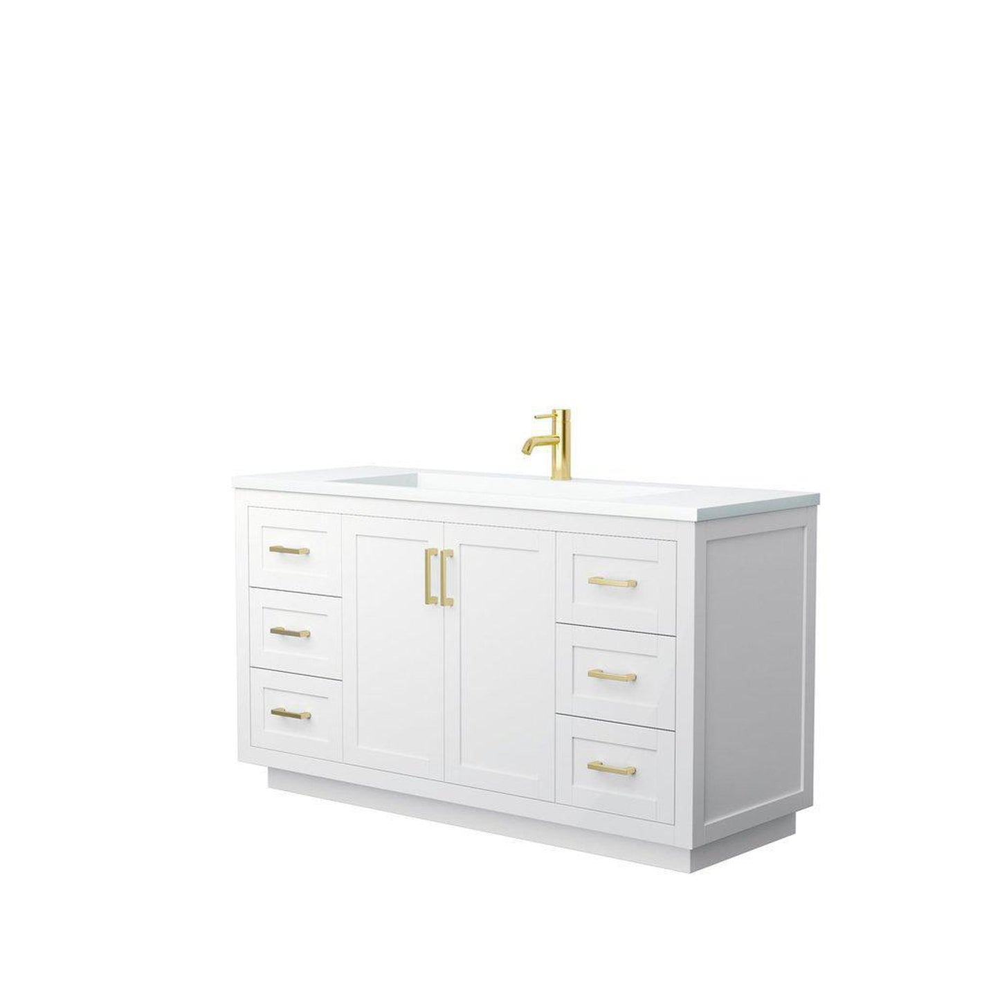 Wyndham Collection Miranda 60" Single Bathroom White Vanity Set With 1.25" Thick Matte White Solid Surface Countertop, Integrated Sink, And Brushed Gold Trim