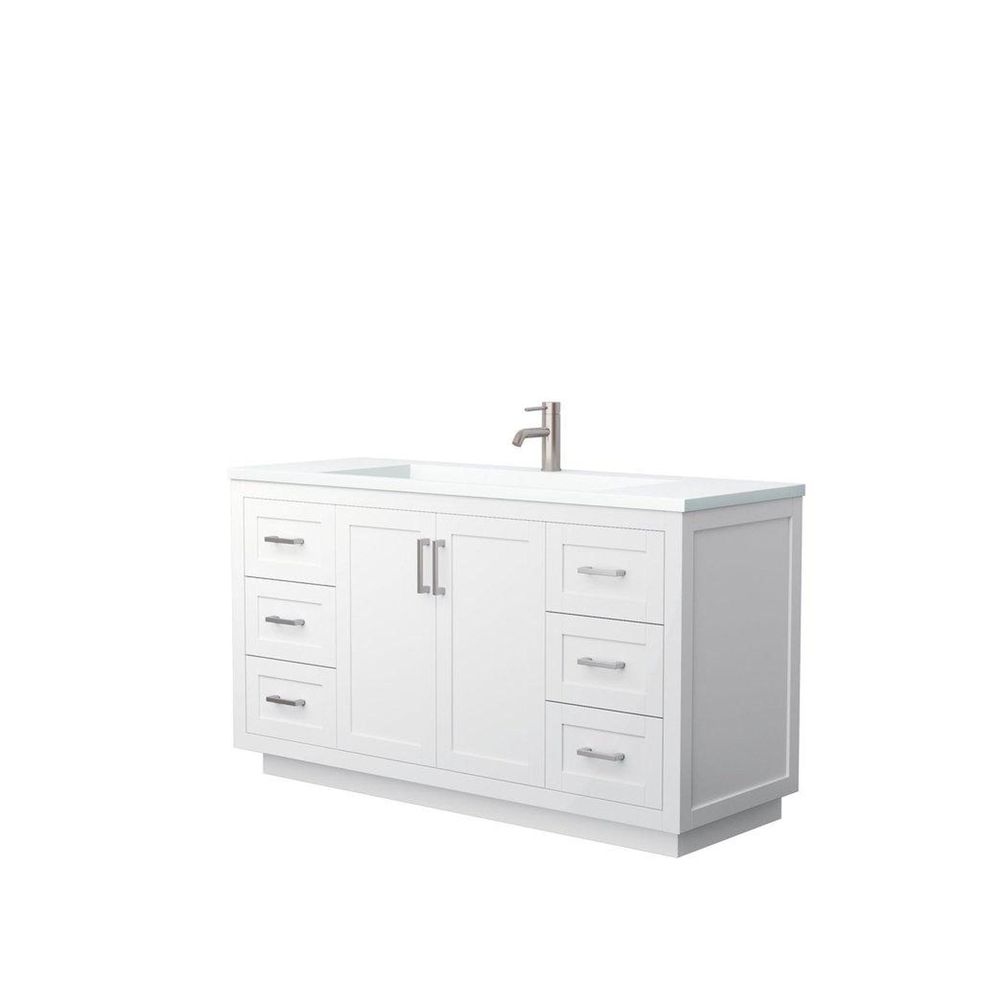Wyndham Collection Miranda 60" Single Bathroom White Vanity Set With 1.25" Thick Matte White Solid Surface Countertop, Integrated Sink, And Brushed Nickel Trim