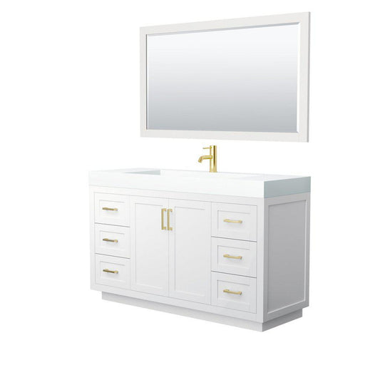 Wyndham Collection Miranda 60" Single Bathroom White Vanity Set With 4" Thick Matte White Solid Surface Countertop, Integrated Sink, 58" Mirror And Brushed Gold Trim