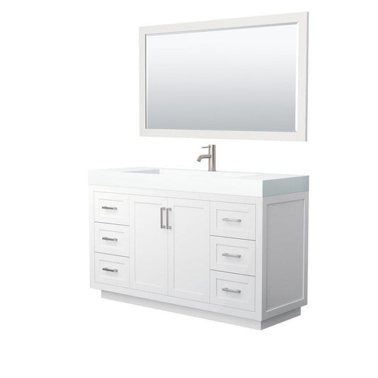 Wyndham Collection Miranda 60" Single Bathroom White Vanity Set With 4" Thick Matte White Solid Surface Countertop, Integrated Sink, 58" Mirror And Brushed Nickel Trim