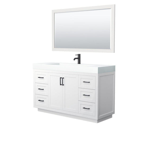 Wyndham Collection Miranda 60" Single Bathroom White Vanity Set With 4" Thick Matte White Solid Surface Countertop, Integrated Sink, 58" Mirror And Matte Black Trim