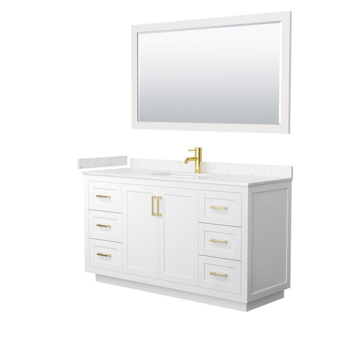 Wyndham Collection Miranda 60" Single Bathroom White Vanity Set With Light-Vein Carrara Cultured Marble Countertop, Undermount Square Sink, 58" Mirror And Brushed Gold Trim