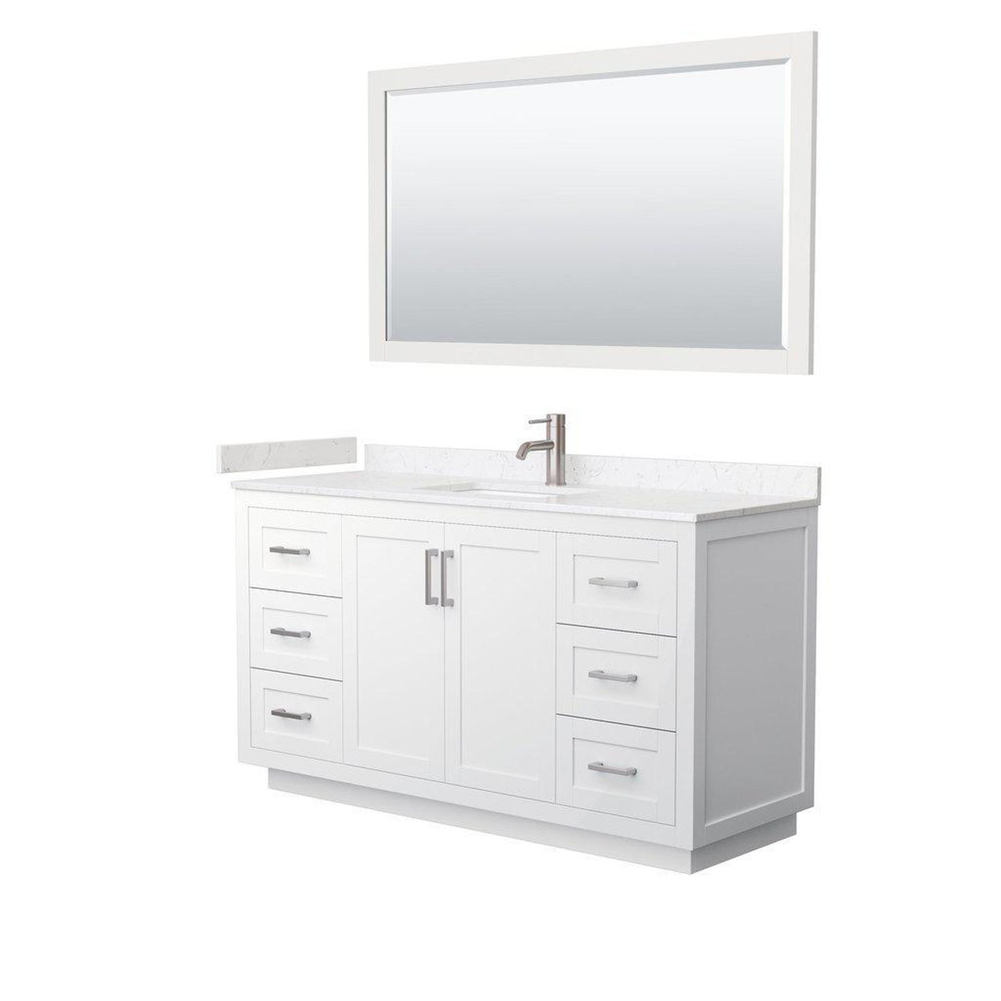 Wyndham Collection Miranda 60" Single Bathroom White Vanity Set With Light-Vein Carrara Cultured Marble Countertop, Undermount Square Sink, 58" Mirror And Brushed Nickel Trim