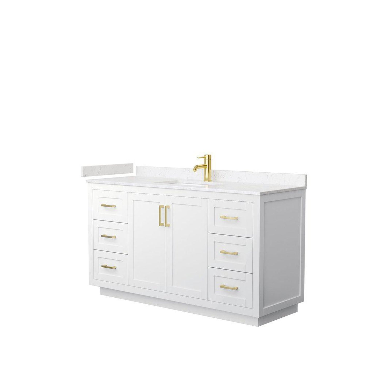 Wyndham Collection Miranda 60" Single Bathroom White Vanity Set With Light-Vein Carrara Cultured Marble Countertop, Undermount Square Sink, And Brushed Gold Trim