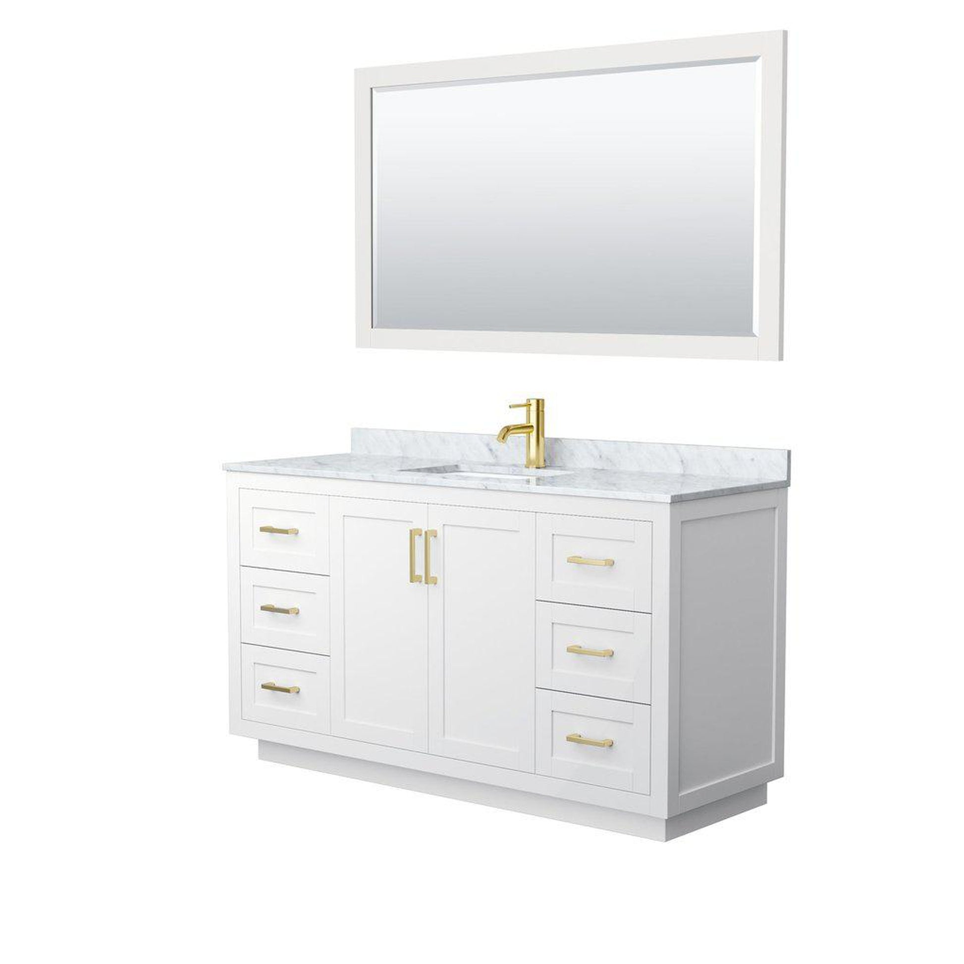 Wyndham Collection Miranda 60" Single Bathroom White Vanity Set With White Carrara Marble Countertop, Undermount Square Sink, 58" Mirror And Brushed Gold Trim