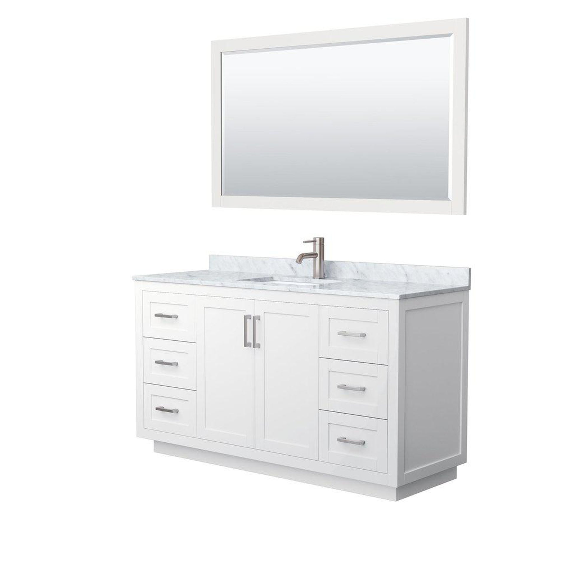 Wyndham Collection Miranda 60" Single Bathroom White Vanity Set With White Carrara Marble Countertop, Undermount Square Sink, 58" Mirror And Brushed Nickel Trim