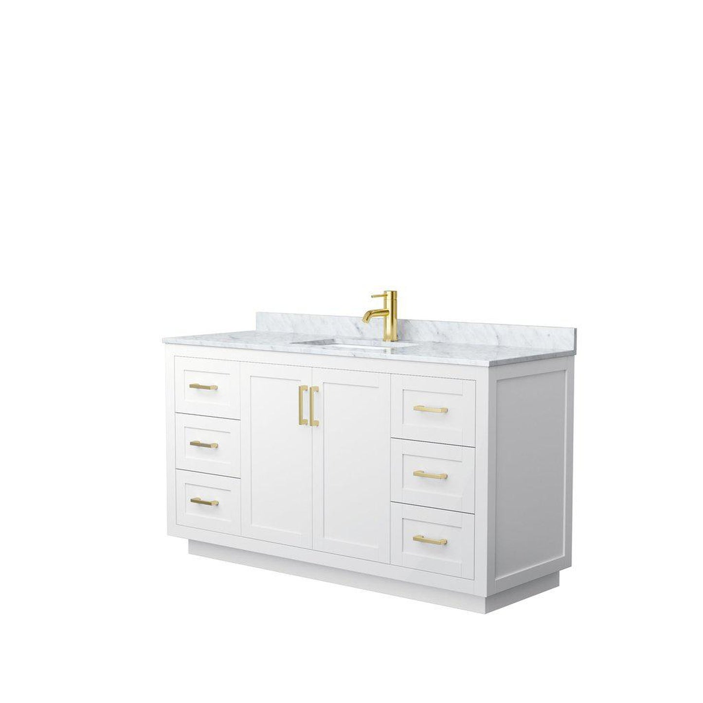 Wyndham Collection Miranda 60" Single Bathroom White Vanity Set With White Carrara Marble Countertop, Undermount Square Sink, And Brushed Gold Trim