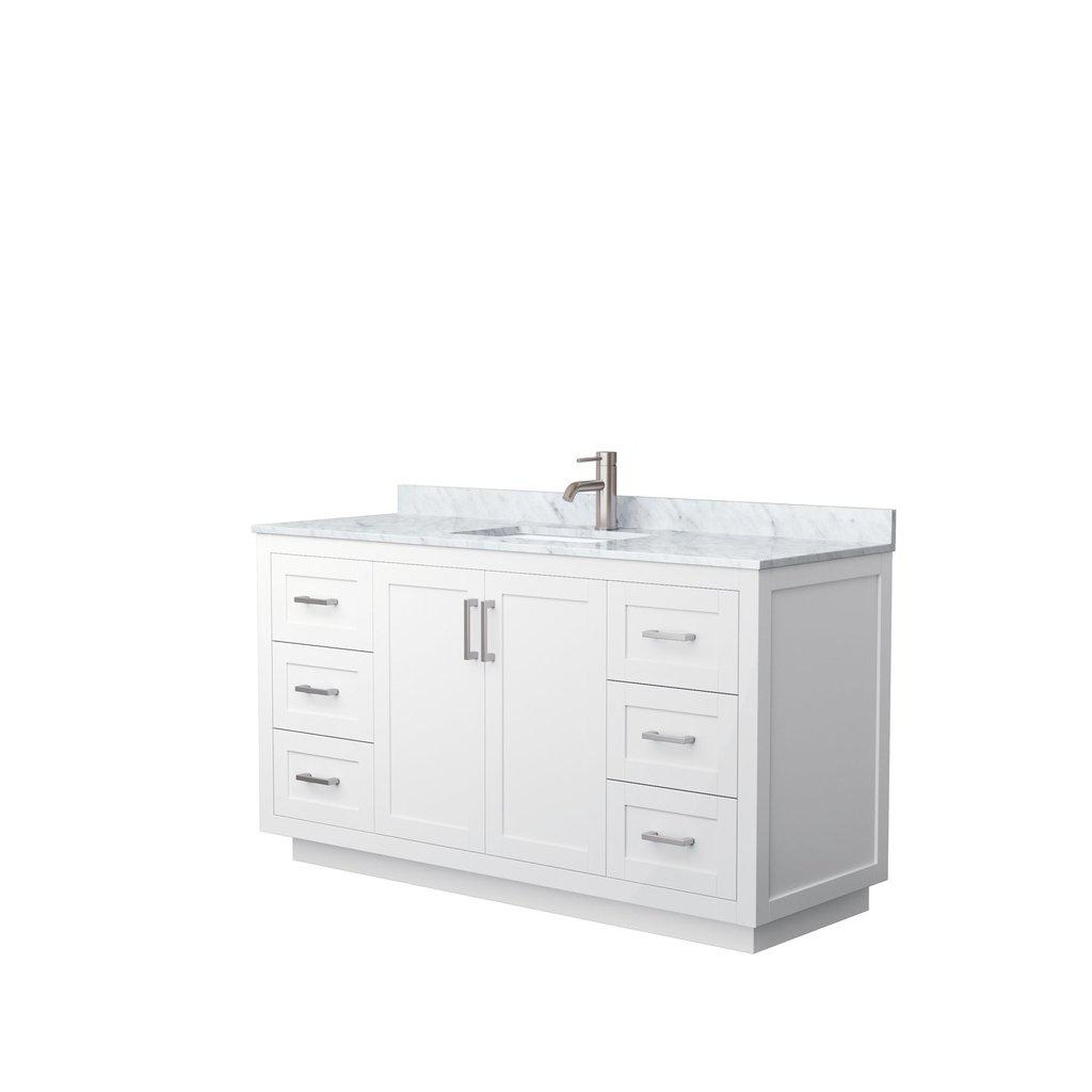 Wyndham Collection Miranda 60" Single Bathroom White Vanity Set With White Carrara Marble Countertop, Undermount Square Sink, And Brushed Nickel Trim