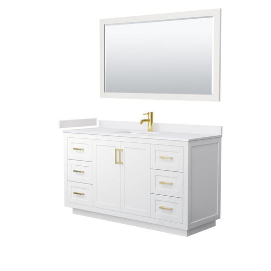 Wyndham Collection Miranda 60" Single Bathroom White Vanity Set With White Cultured Marble Countertop, Undermount Square Sink, 58" Mirror And Brushed Gold Trim
