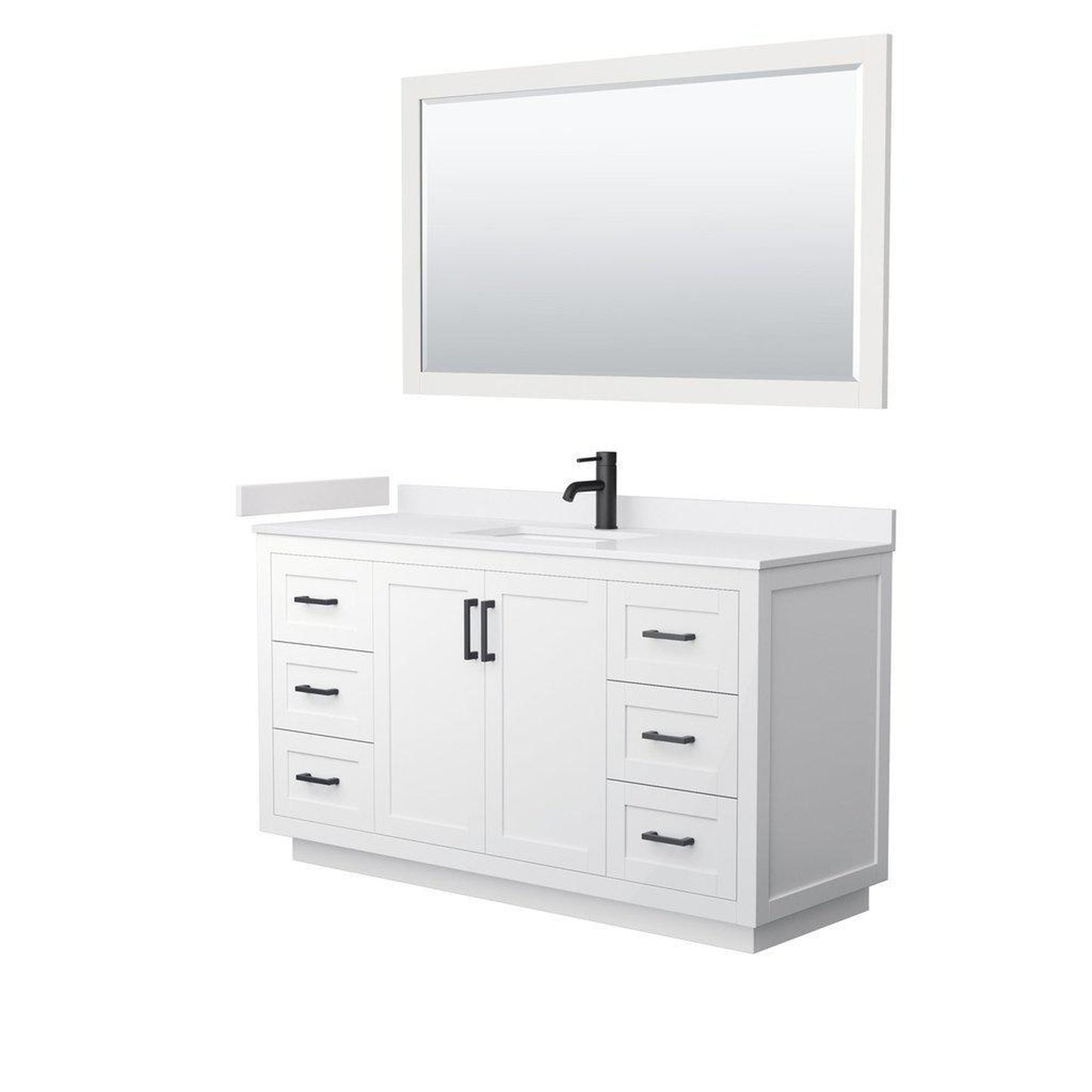 Wyndham Collection Miranda 60" Single Bathroom White Vanity Set With White Cultured Marble Countertop, Undermount Square Sink, 58" Mirror And Matte Black Trim