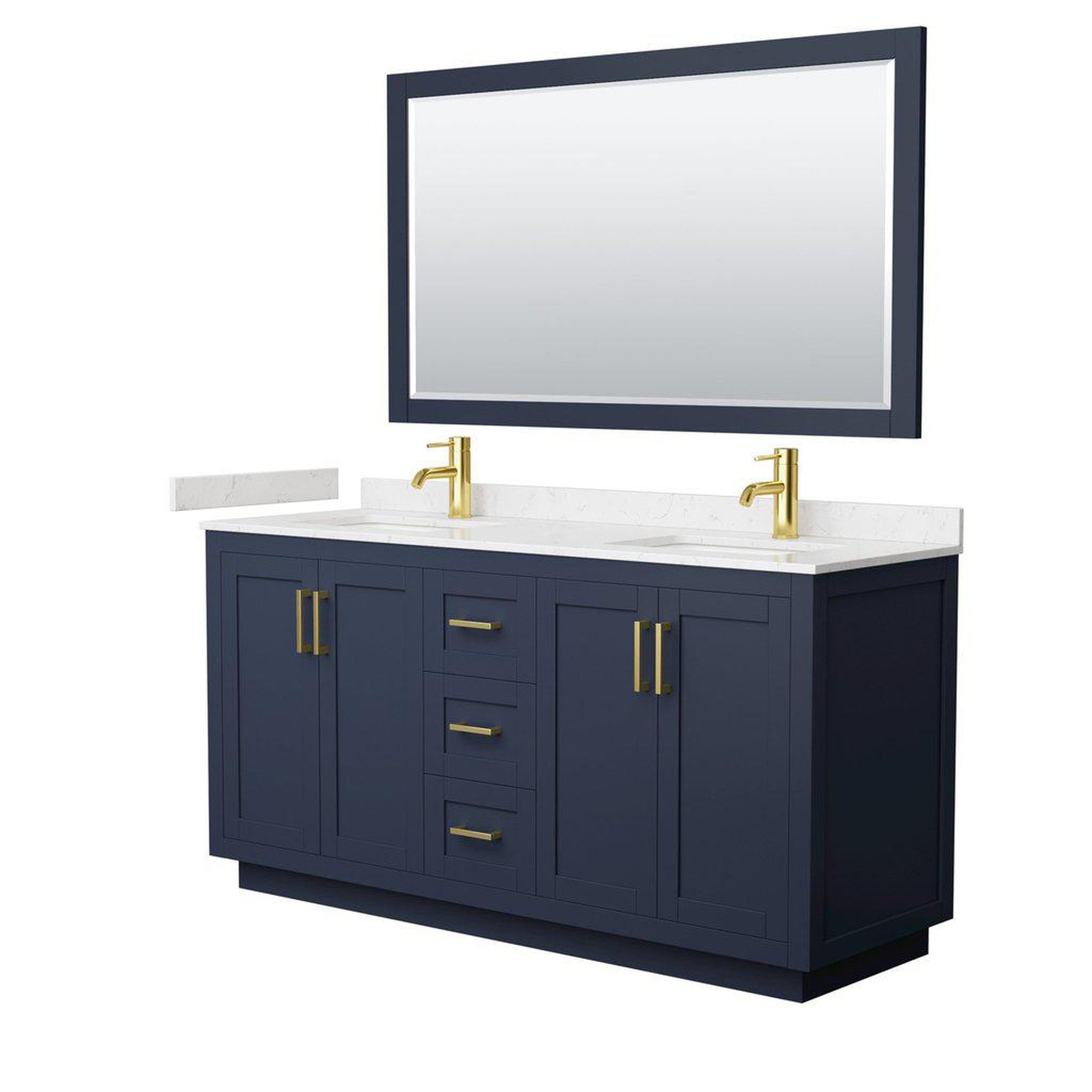 Wyndham Collection Miranda 66" Double Bathroom Dark Blue Vanity Set With Light-Vein Carrara Cultured Marble Countertop, Undermount Square Sink, 58" Mirror And Brushed Gold Trim