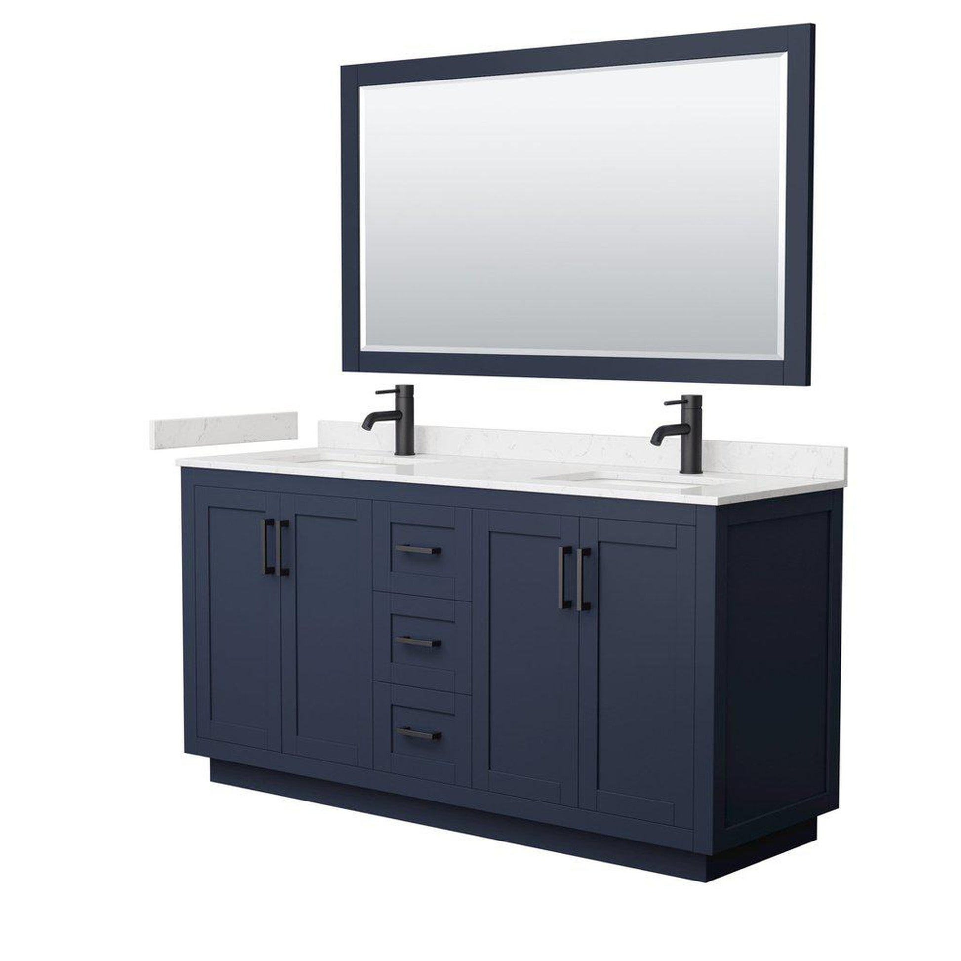 Wyndham Collection Miranda 66" Double Bathroom Dark Blue Vanity Set With Light-Vein Carrara Cultured Marble Countertop, Undermount Square Sink, 58" Mirror And Matte Black Trim