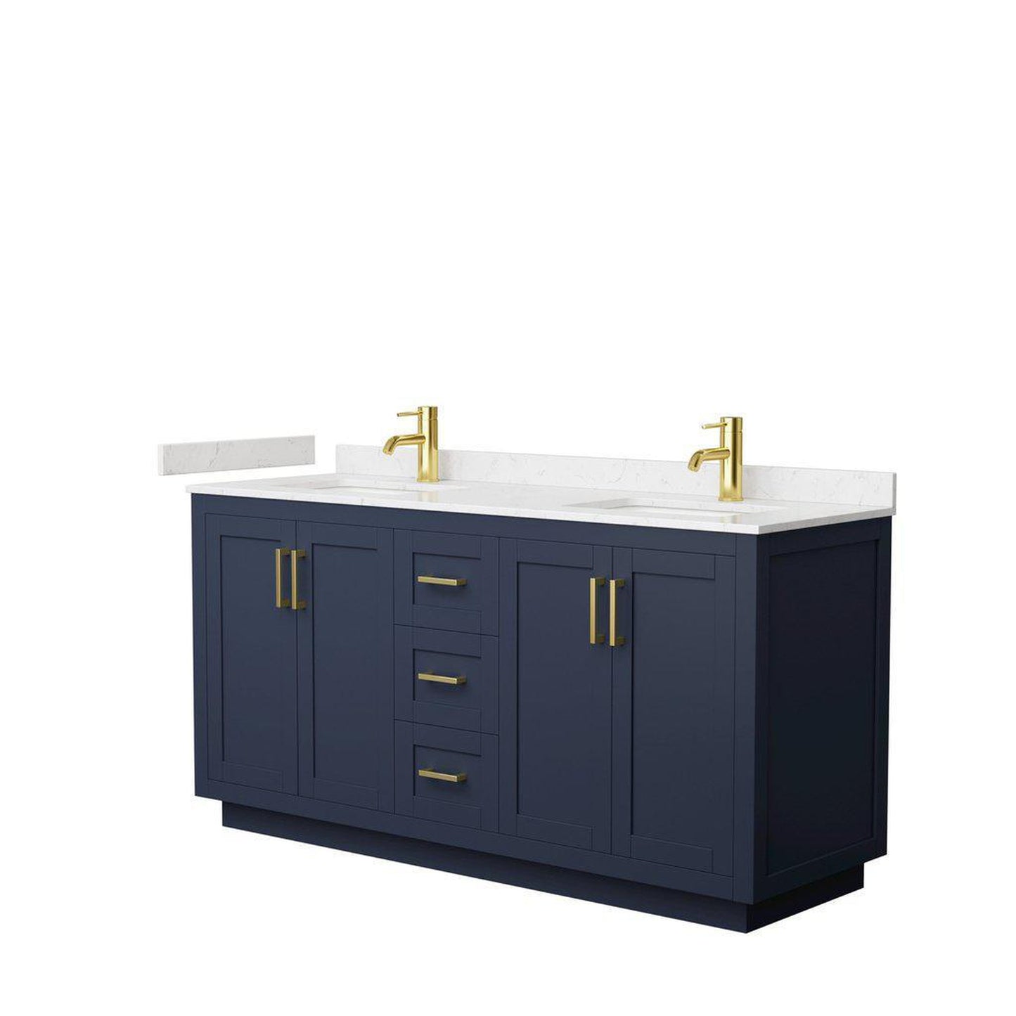 Wyndham Collection Miranda 66" Double Bathroom Dark Blue Vanity Set With Light-Vein Carrara Cultured Marble Countertop, Undermount Square Sink, And Brushed Gold Trim