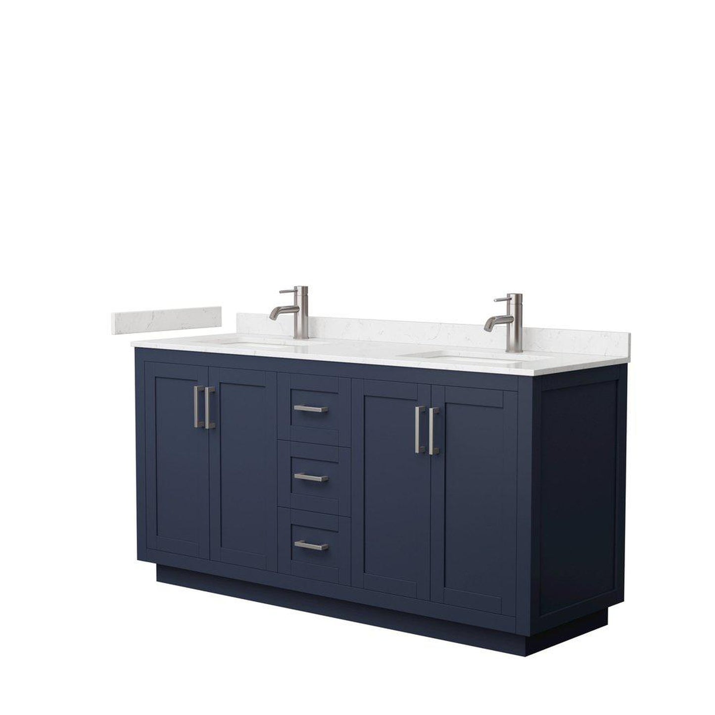 Wyndham Collection Miranda 66" Double Bathroom Dark Blue Vanity Set With Light-Vein Carrara Cultured Marble Countertop, Undermount Square Sink, And Brushed Nickel Trim
