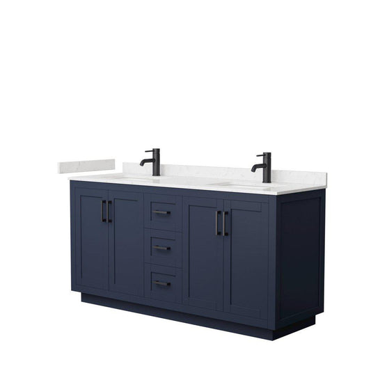 Wyndham Collection Miranda 66" Double Bathroom Dark Blue Vanity Set With Light-Vein Carrara Cultured Marble Countertop, Undermount Square Sink, And Matte Black Trim