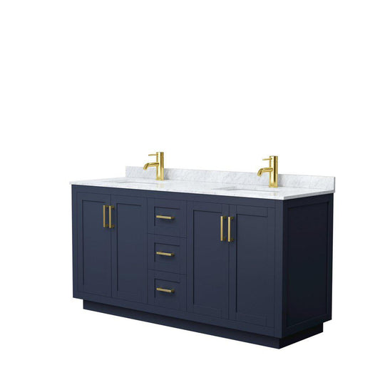 Wyndham Collection Miranda 66" Double Bathroom Dark Blue Vanity Set With White Carrara Marble Countertop, Undermount Square Sink, And Brushed Gold Trim