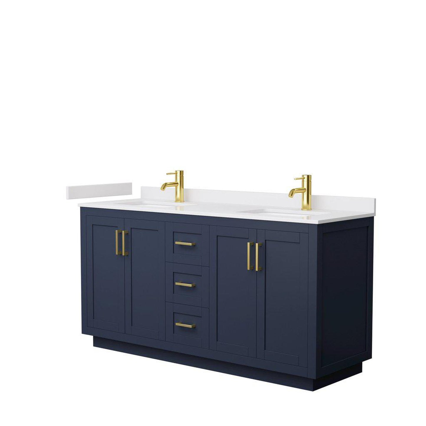Wyndham Collection Miranda 66" Double Bathroom Dark Blue Vanity Set With White Cultured Marble Countertop, Undermount Square Sink, And Brushed Gold Trim
