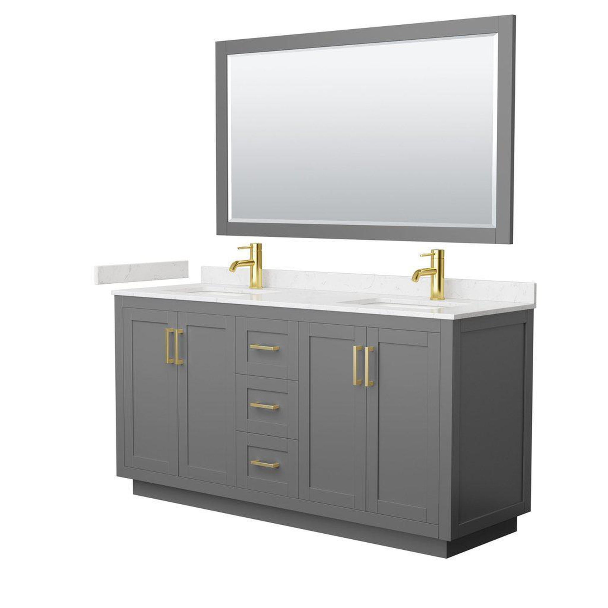 Wyndham Collection Miranda 66" Double Bathroom Dark Gray Vanity Set With Light-Vein Carrara Cultured Marble Countertop, Undermount Square Sink, 58" Mirror And Brushed Gold Trim