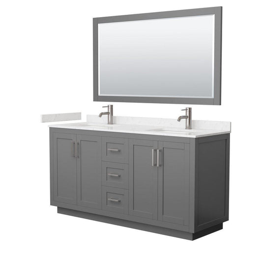 Wyndham Collection Miranda 66" Double Bathroom Dark Gray Vanity Set With Light-Vein Carrara Cultured Marble Countertop, Undermount Square Sink, 58" Mirror And Brushed Nickel Trim