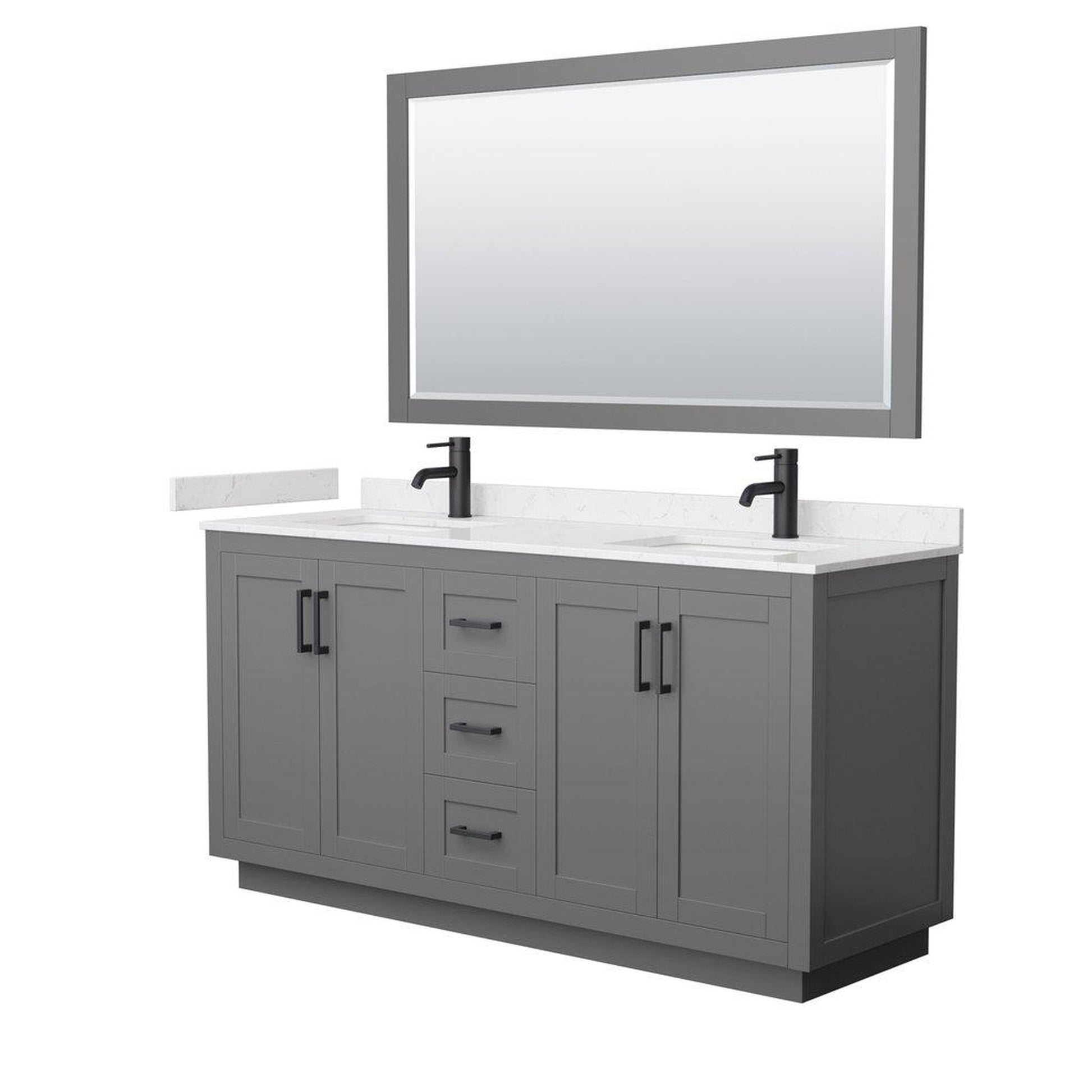 Wyndham Collection Miranda 66" Double Bathroom Dark Gray Vanity Set With Light-Vein Carrara Cultured Marble Countertop, Undermount Square Sink, 58" Mirror And Matte Black Trim