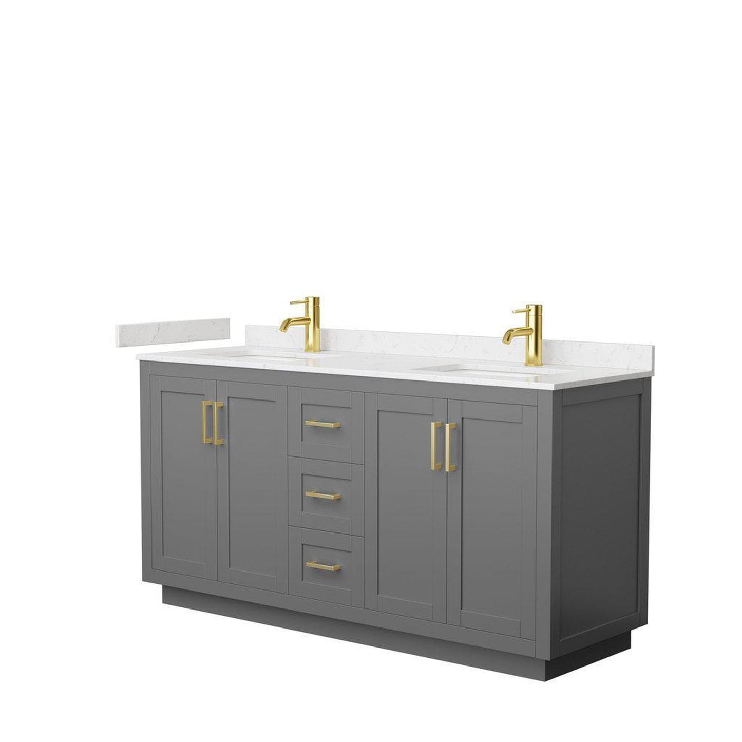Wyndham Collection Miranda 66" Double Bathroom Dark Gray Vanity Set With Light-Vein Carrara Cultured Marble Countertop, Undermount Square Sink, And Brushed Gold Trim