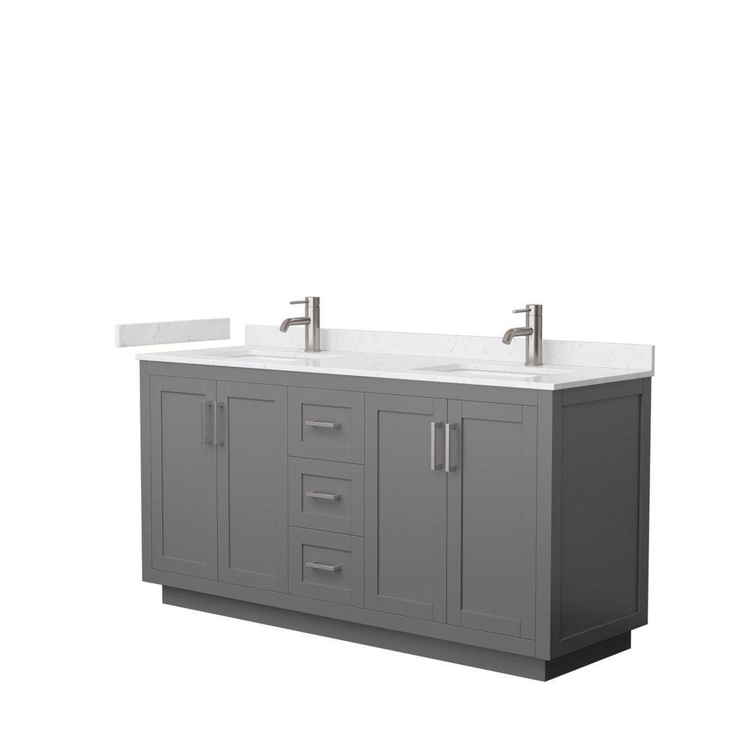 Wyndham Collection Miranda 66" Double Bathroom Dark Gray Vanity Set With Light-Vein Carrara Cultured Marble Countertop, Undermount Square Sink, And Brushed Nickel Trim