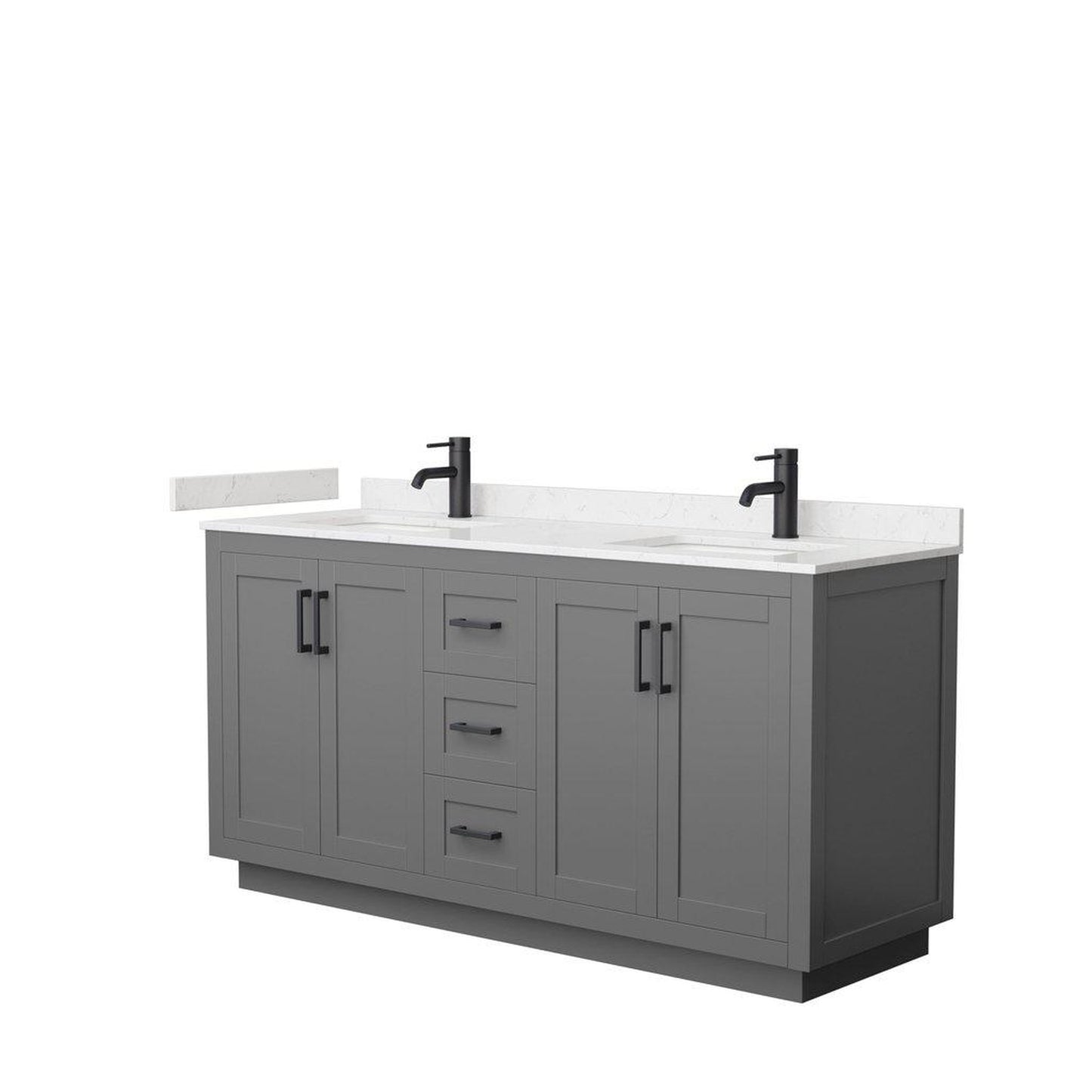 Wyndham Collection Miranda 66" Double Bathroom Dark Gray Vanity Set With Light-Vein Carrara Cultured Marble Countertop, Undermount Square Sink, And Matte Black Trim