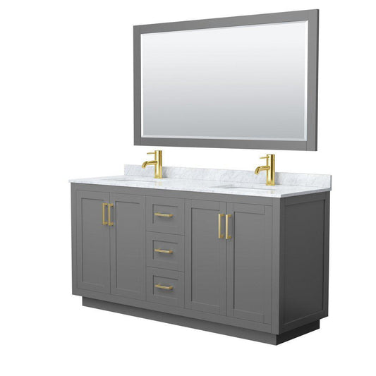 Wyndham Collection Miranda 66" Double Bathroom Dark Gray Vanity Set With White Carrara Marble Countertop, Undermount Square Sink, 58" Mirror And Brushed Gold Trim