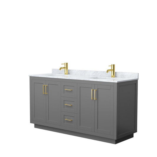 Wyndham Collection Miranda 66" Double Bathroom Dark Gray Vanity Set With White Carrara Marble Countertop, Undermount Square Sink, And Brushed Gold Trim