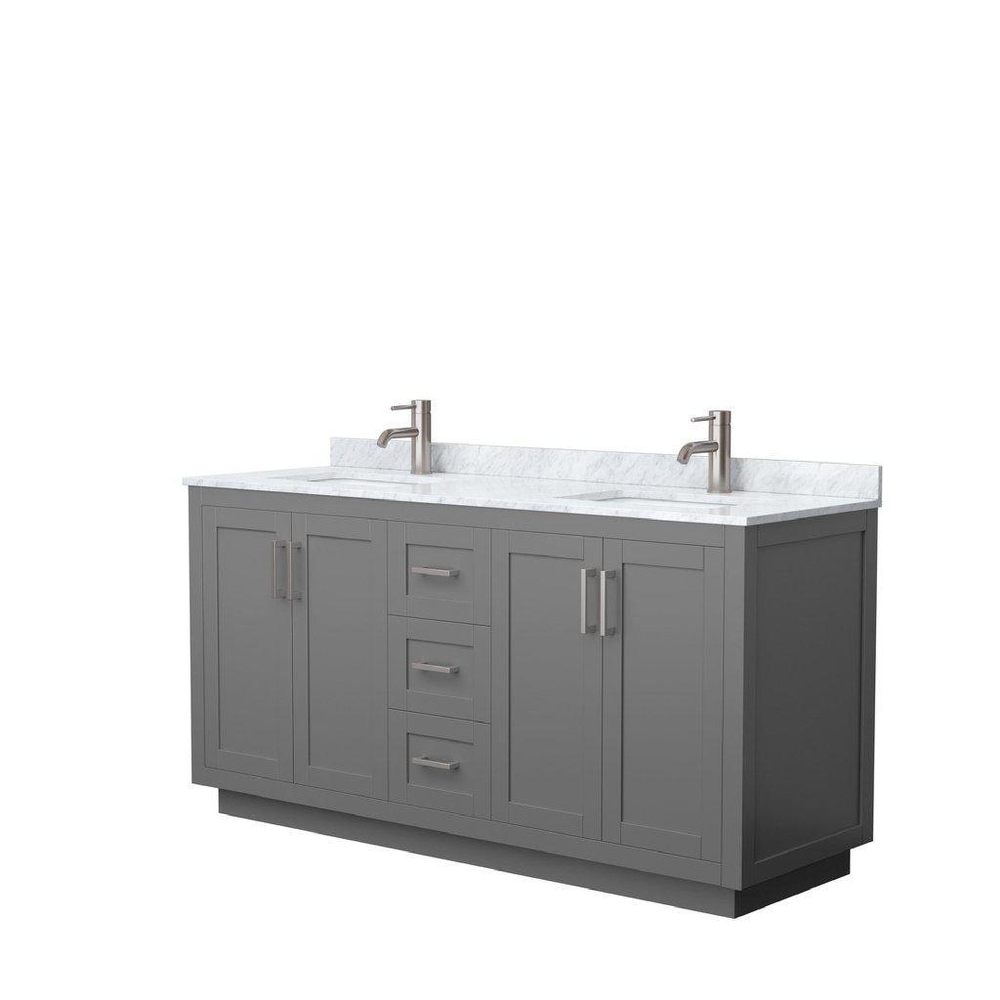 Wyndham Collection Miranda 66" Double Bathroom Dark Gray Vanity Set With White Carrara Marble Countertop, Undermount Square Sink, And Brushed Nickel Trim