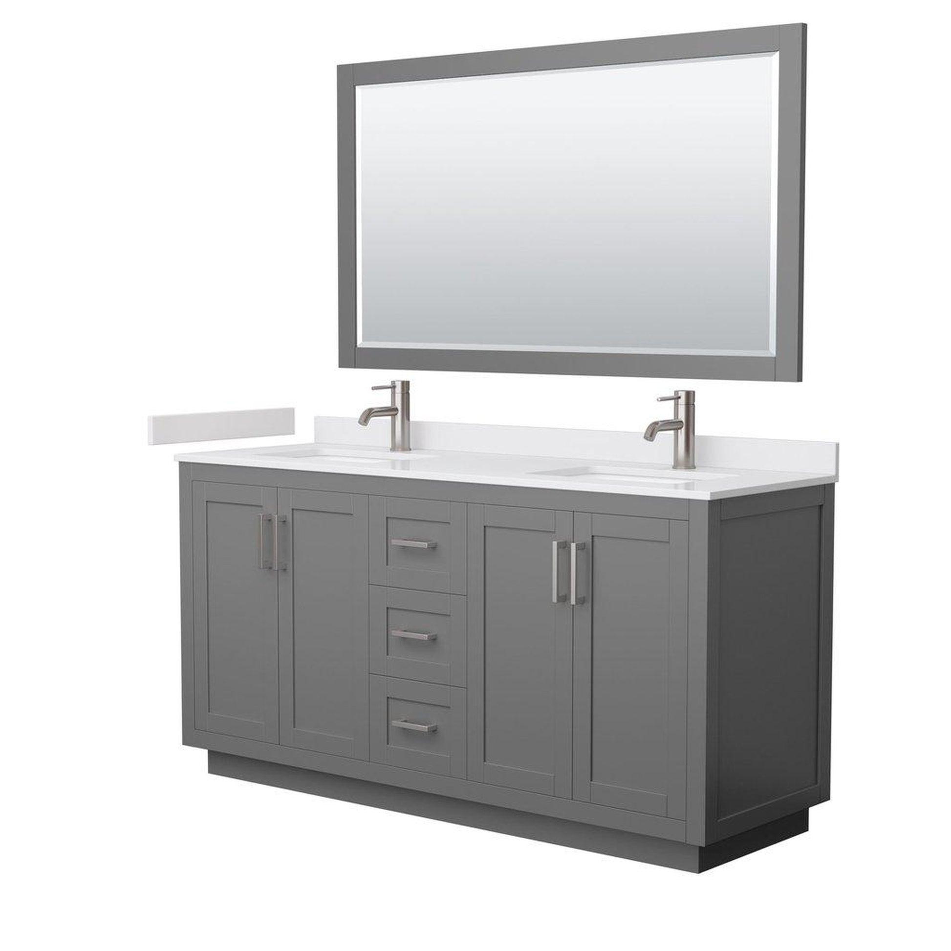Wyndham Collection Miranda 66" Double Bathroom Dark Gray Vanity Set With White Cultured Marble Countertop, Undermount Square Sink, 58" Mirror And Brushed Nickel Trim
