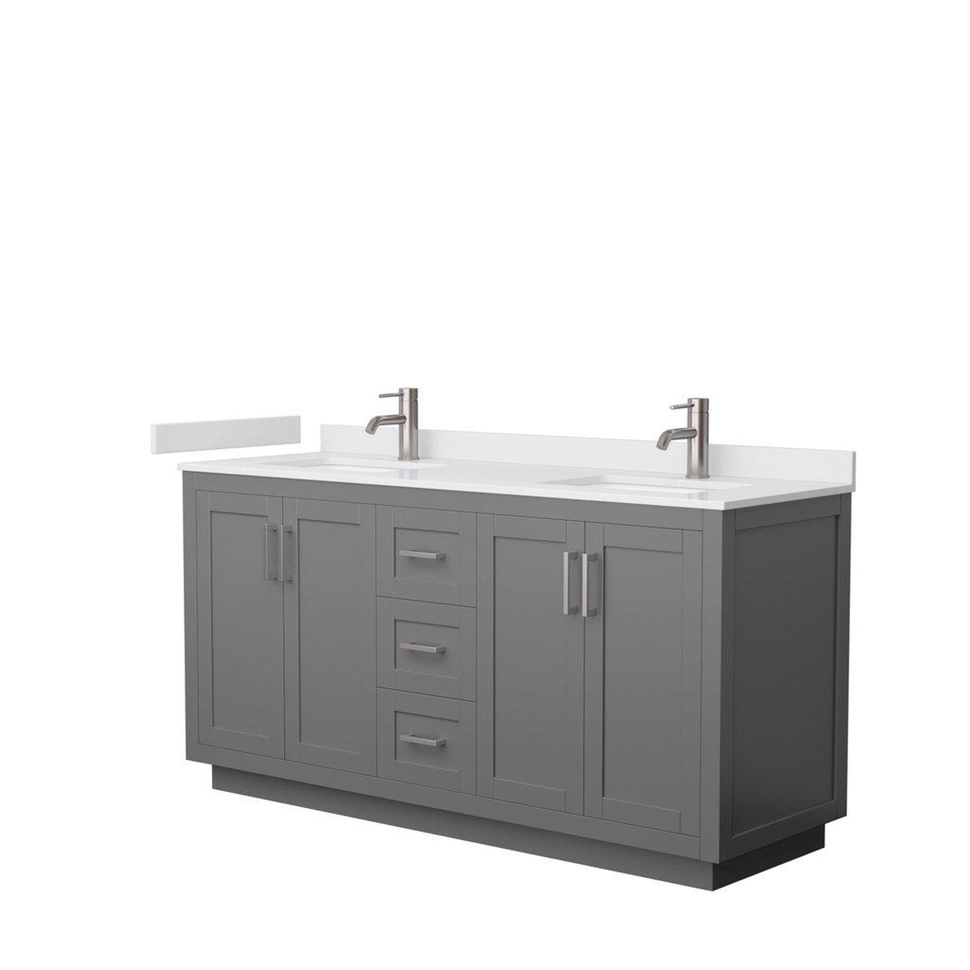 Wyndham Collection Miranda 66" Double Bathroom Dark Gray Vanity Set With White Cultured Marble Countertop, Undermount Square Sink, And Brushed Nickel Trim
