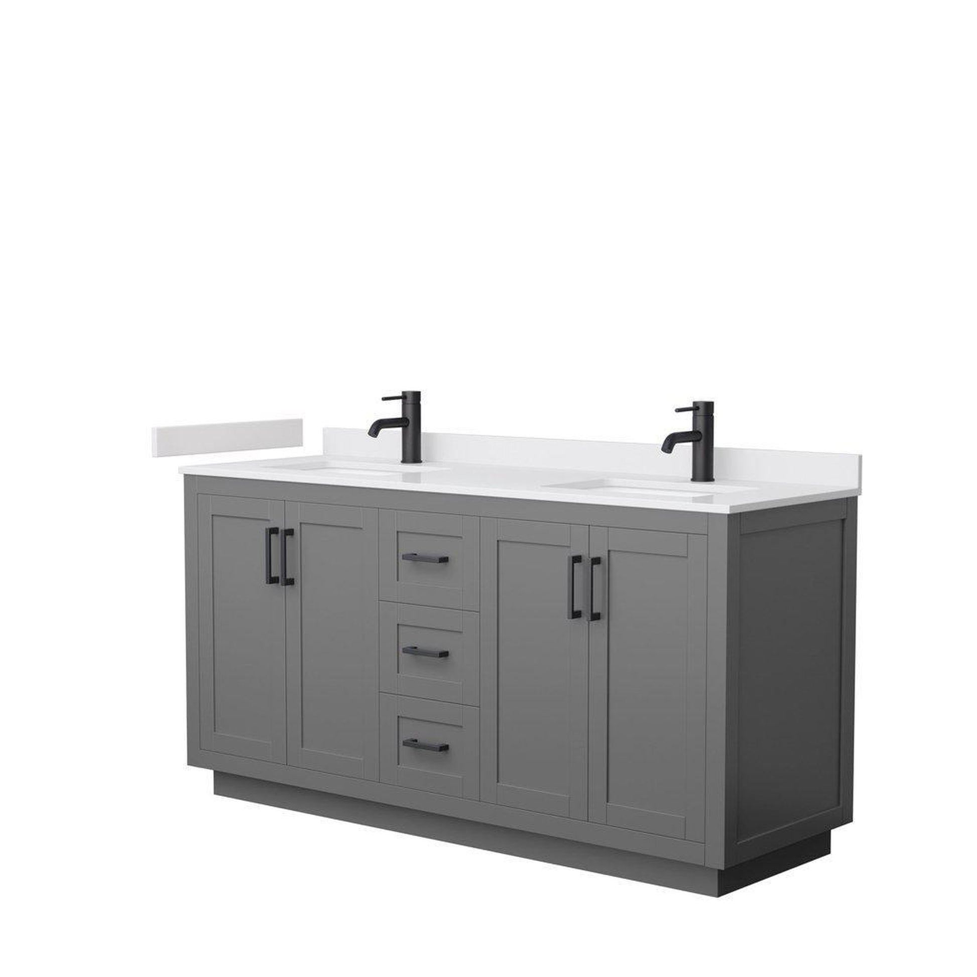 Wyndham Collection Miranda 66" Double Bathroom Dark Gray Vanity Set With White Cultured Marble Countertop, Undermount Square Sink, And Matte Black Trim