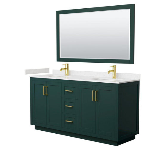 Wyndham Collection Miranda 66" Double Bathroom Green Vanity Set With Light-Vein Carrara Cultured Marble Countertop, Undermount Square Sink, 58" Mirror And Brushed Gold Trim