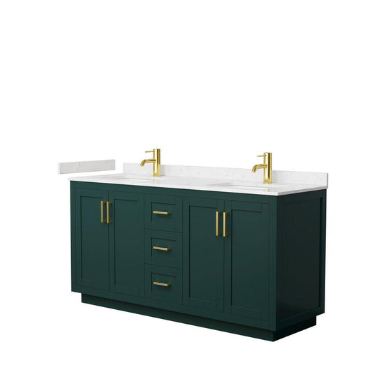 Wyndham Collection Miranda 66" Double Bathroom Green Vanity Set With Light-Vein Carrara Cultured Marble Countertop, Undermount Square Sink, And Brushed Gold Trim