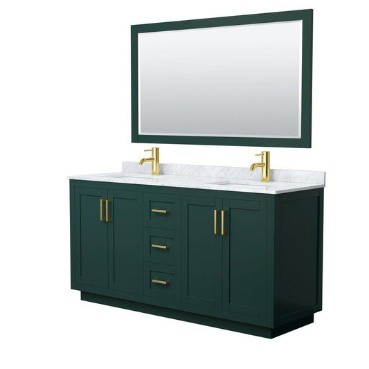 Wyndham Collection Miranda 66" Double Bathroom Green Vanity Set With White Carrara Marble Countertop, Undermount Square Sink, 58" Mirror And Brushed Gold Trim
