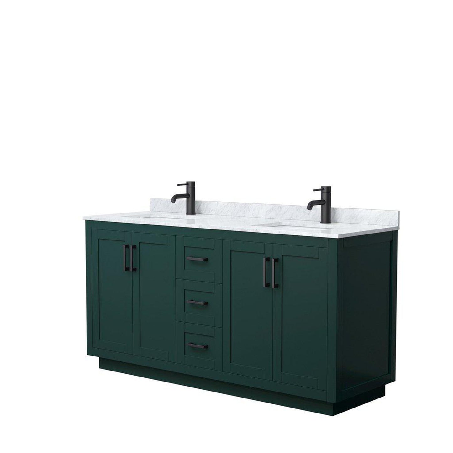 Wyndham Collection Miranda 66" Double Bathroom Green Vanity Set With White Carrara Marble Countertop, Undermount Square Sink, And Matte Black Trim