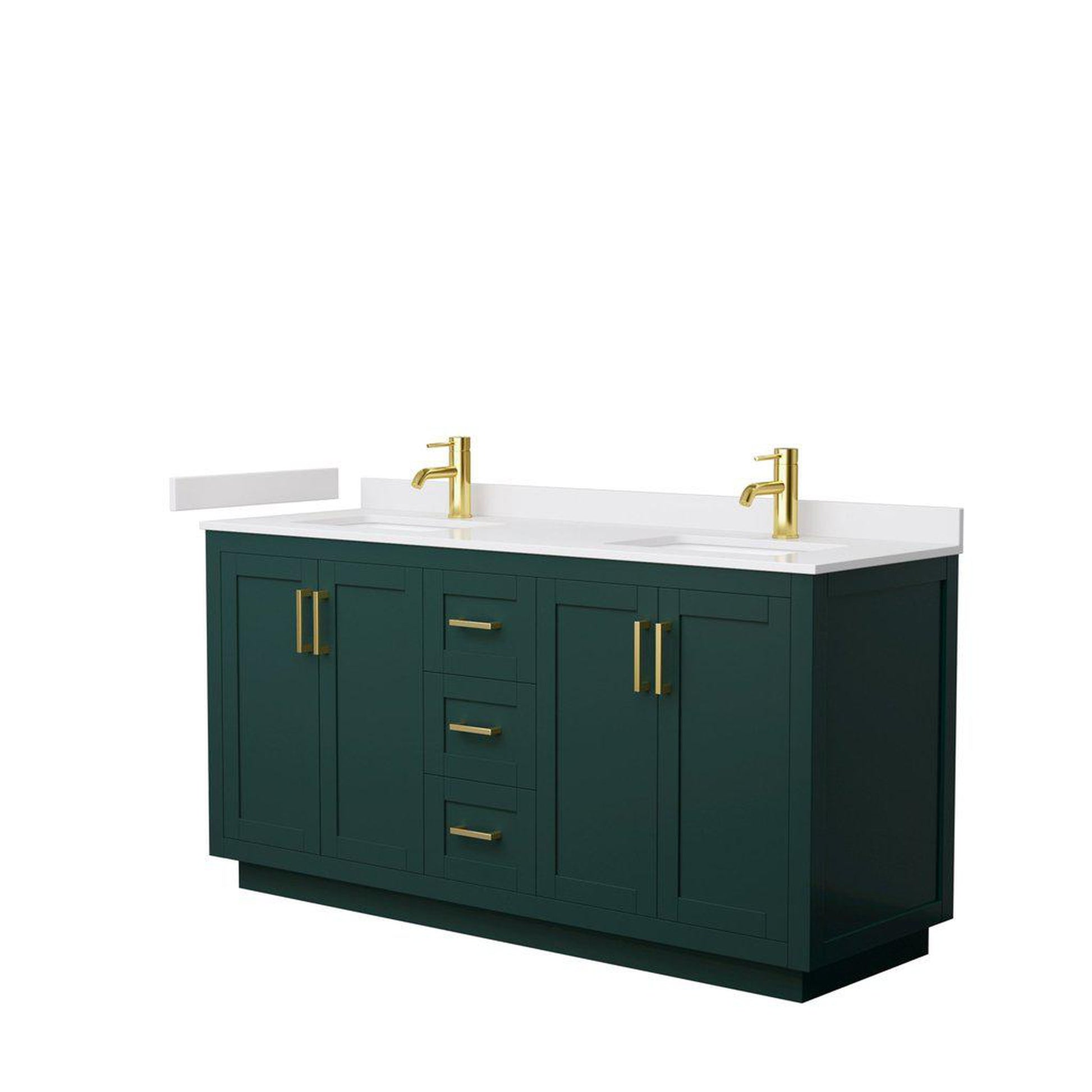 Wyndham Collection Miranda 66" Double Bathroom Green Vanity Set With White Cultured Marble Countertop, Undermount Square Sink, And Brushed Gold Trim