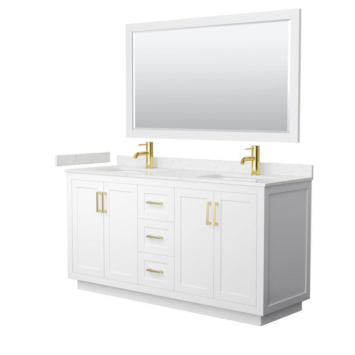 Wyndham Collection Miranda 66" Double Bathroom White Vanity Set With Light-Vein Carrara Cultured Marble Countertop, Undermount Square Sink, 58" Mirror And Brushed Gold Trim