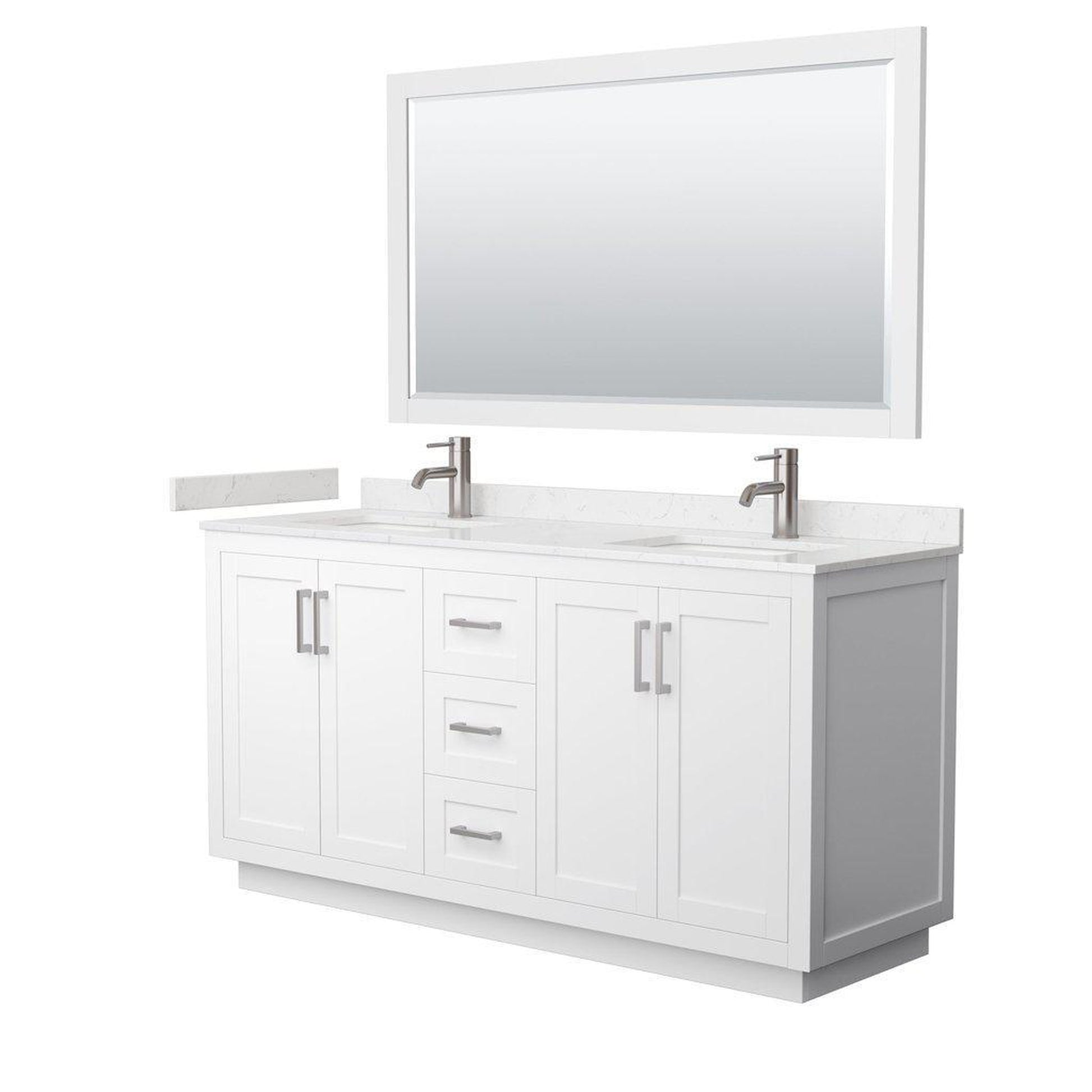 Wyndham Collection Miranda 66" Double Bathroom White Vanity Set With Light-Vein Carrara Cultured Marble Countertop, Undermount Square Sink, 58" Mirror And Brushed Nickel Trim