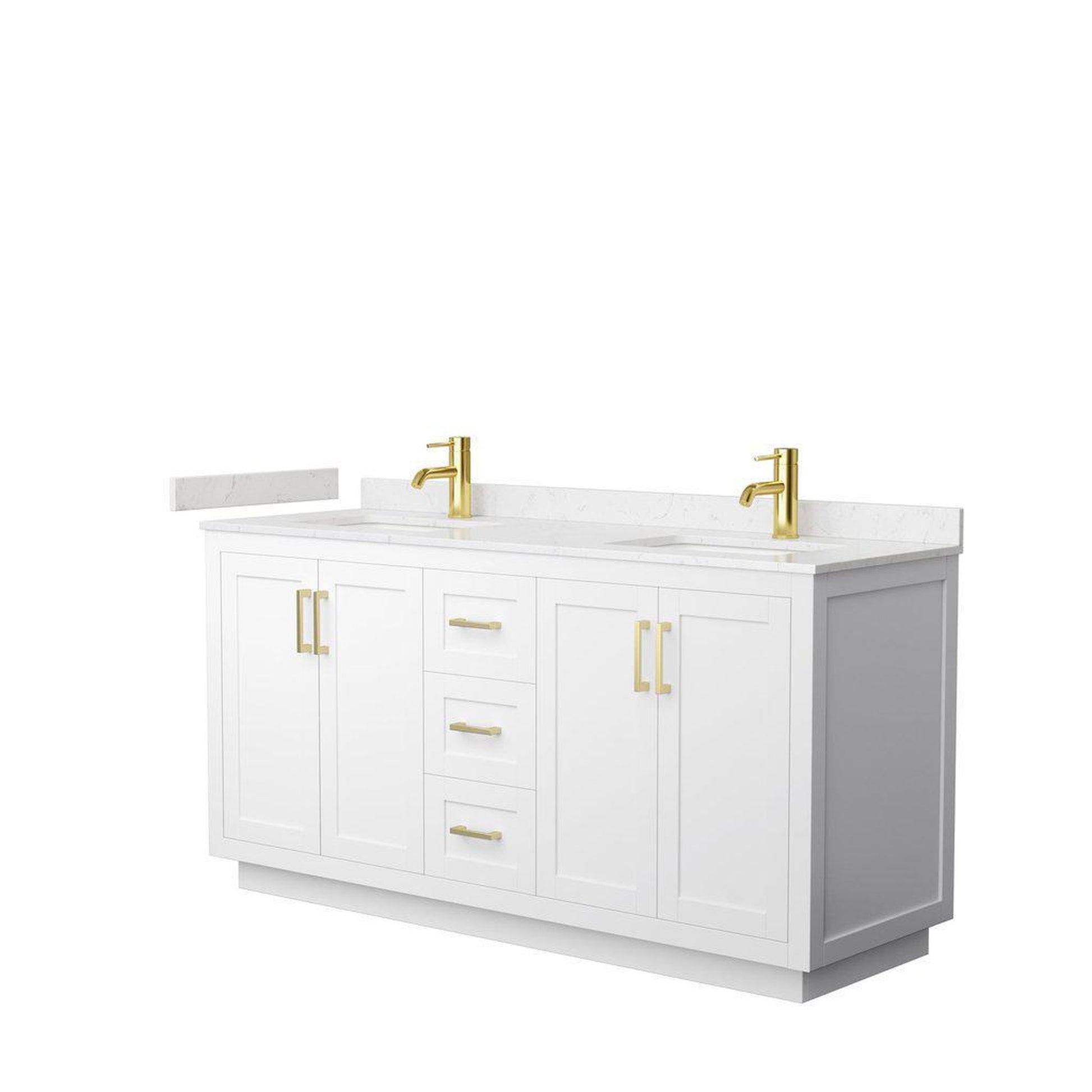 Wyndham Collection Miranda 66" Double Bathroom White Vanity Set With Light-Vein Carrara Cultured Marble Countertop, Undermount Square Sink, And Brushed Gold Trim
