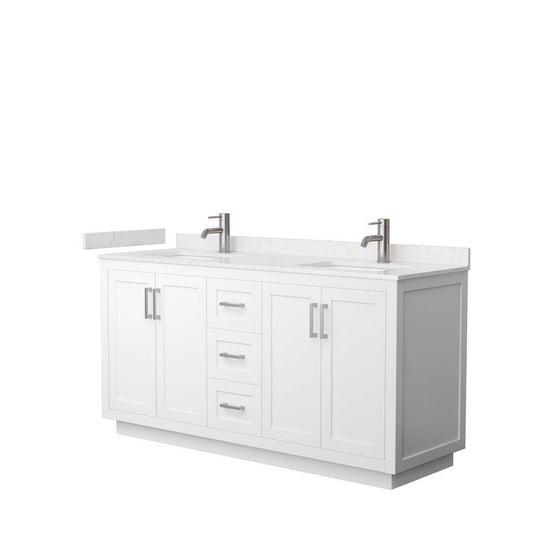 Wyndham Collection Miranda 66" Double Bathroom White Vanity Set With Light-Vein Carrara Cultured Marble Countertop, Undermount Square Sink, And Brushed Nickel Trim
