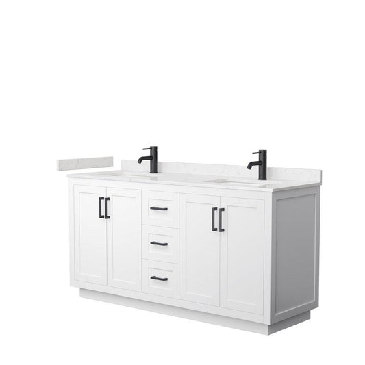 Wyndham Collection Miranda 66" Double Bathroom White Vanity Set With Light-Vein Carrara Cultured Marble Countertop, Undermount Square Sink, And Matte Black Trim