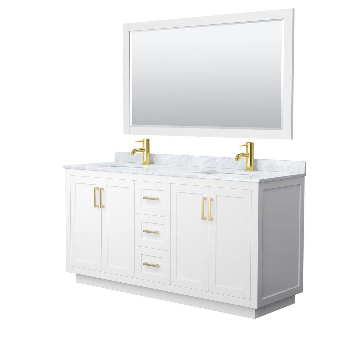 Wyndham Collection Miranda 66" Double Bathroom White Vanity Set With White Carrara Marble Countertop, Undermount Square Sink, 58" Mirror And Brushed Gold Trim